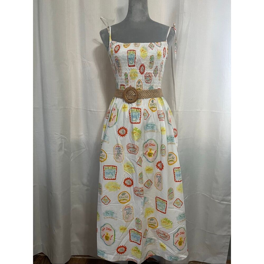 Cynthia Rowley White Maxi Sundress with Colorful Print and Woven Belt Sz Large - Picture 3 of 12